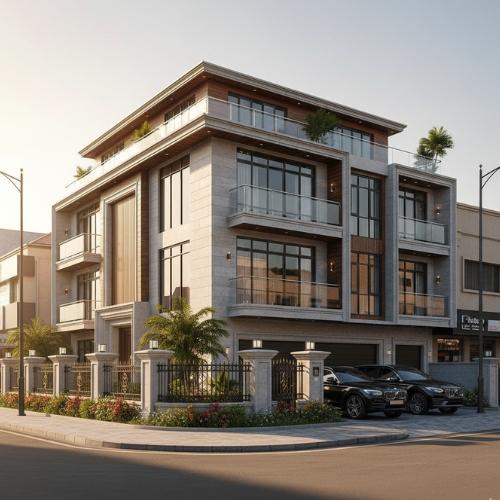 Luxury modern house exterior with a pool at dusk